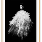 Fashion print with woman in white dress floating on a black background  
