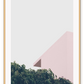 A minimal photography print peaceful wall art with pink roof, green trees and light blue sky, pastel tones.