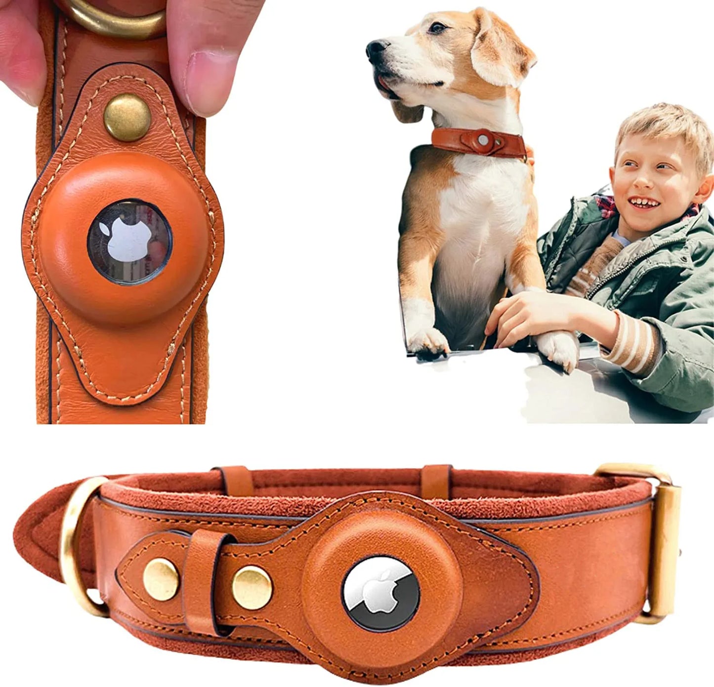 Heavy Duty Leather Dog Collar with Airtag Pocket - Tan