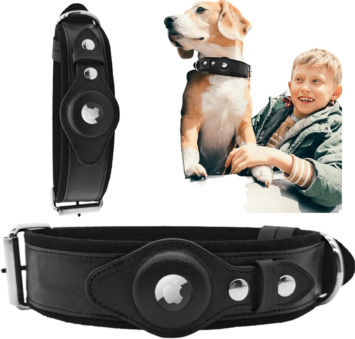 Heavy Duty Black Leather Dog Collar with Airtag Pocket