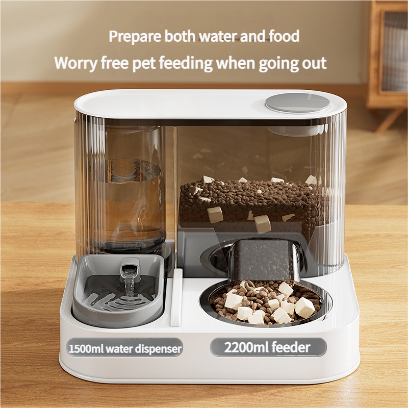 Automatic Pet Feeder and Water Bowl - 2-in-1 Grey Stainless Steel Bowl Cat Feeding Station