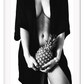 Fashion photography print with nude sexy woman wearing robe holding pinapple in black and white on white background 