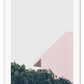A minimal photography print peaceful wall art with pink roof, green trees and light blue sky, pastel tones.