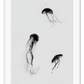 A greystyle wall art with jelly fish drawn in black ink on grey background.