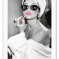 A black and white fashion print with sexy lady in lingerie pink lips and sunglasses gold jewelwry 