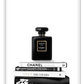 portrait print with black and white books and chanel perfume bottle on the top 