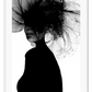 A black and white fashion wall art of a lady with tulle headpiece in all black silhouette on a white background