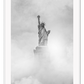 Black and white New York portrait print with statue in clouds foggy moody minimal iconic