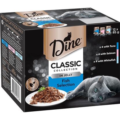 DINE Classic Collection Adult Wet Cat Food Fish Selection in Jelly 12 X 85G, 5 Pack (60 Pouches)