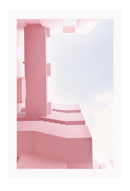 Pink architechture print with pastel tones urban style and blue sky with clouds