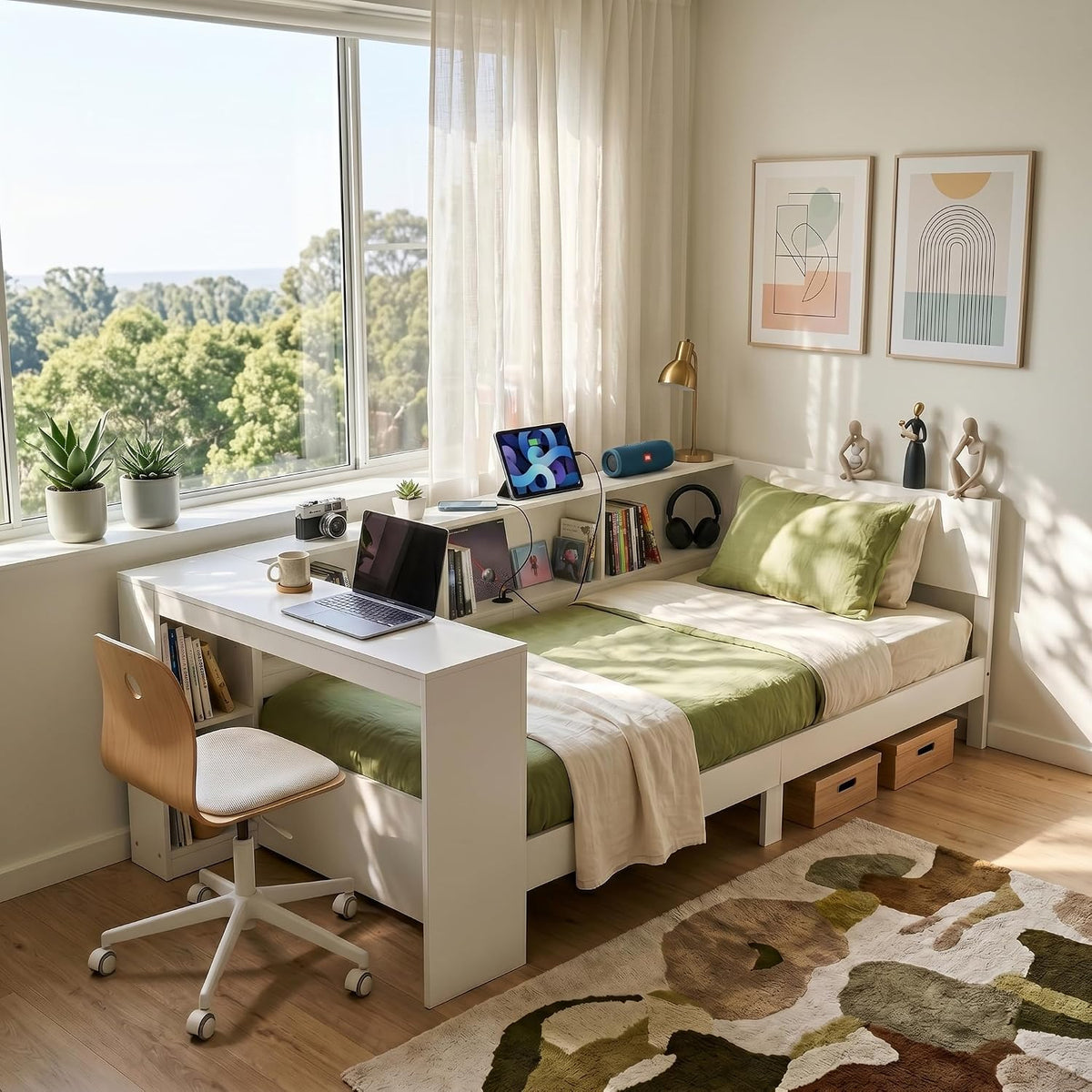 Corner Bed with Desk (White)