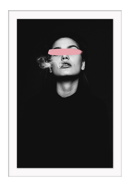 A cutting edge fashion wall art with a sexy smoking lady and pink brush stripe crossing over her eyes on a dark, mysterious cinematic background.