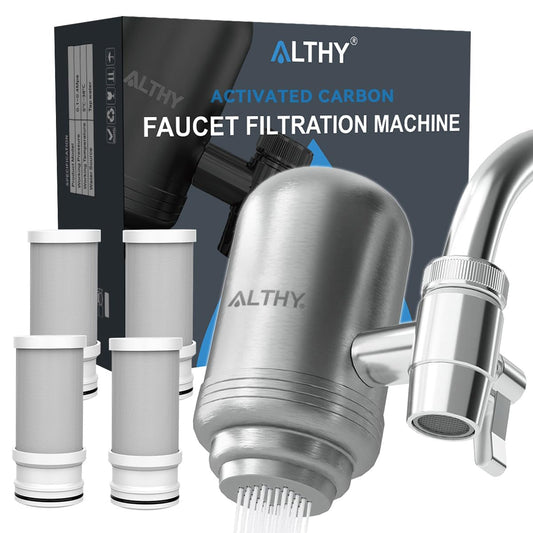Stainless Steel Faucet Mount Water Filtration System, Bpa-Free 400-Gallon Tap Water Filter Purifier for Sink, Certified Reduces Chlorine Heavy Metals & Bad Taste, Includes 1 System & 4 Filter