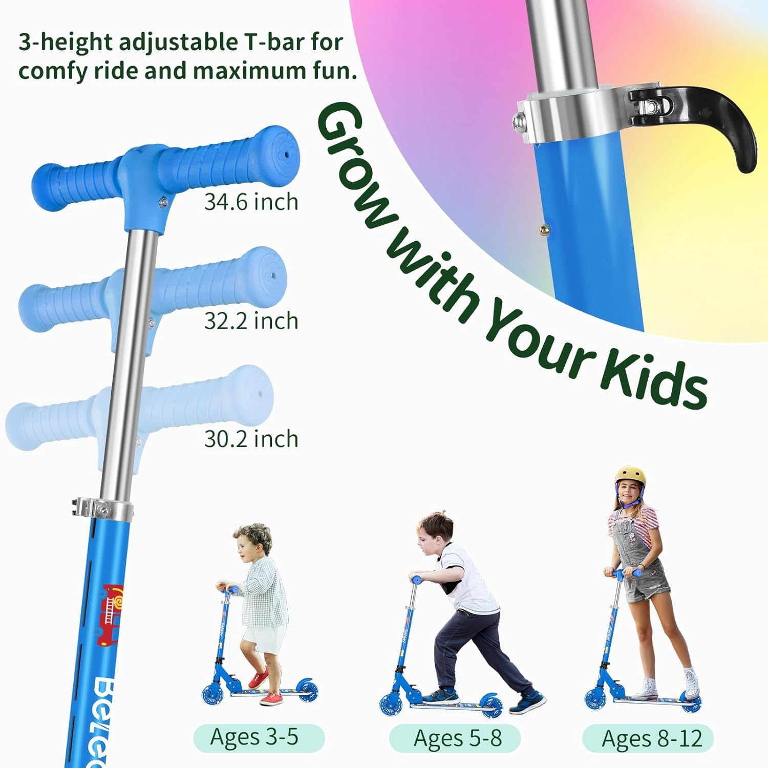 V2 Scooters for Kids with Light-Up Wheels & Stem & Deck, 2 Wheel Folding Scooter for Girls Boys Ages 3-12, 3 Adjustable Height, Non-Slip Pattern Deck, Kick Scooter for Children