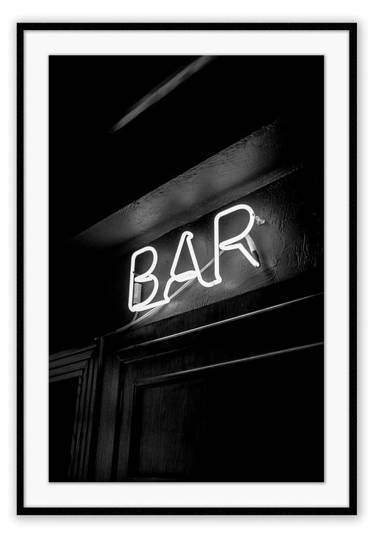 A fashion typography wall art of neon bar sign in black and white. 