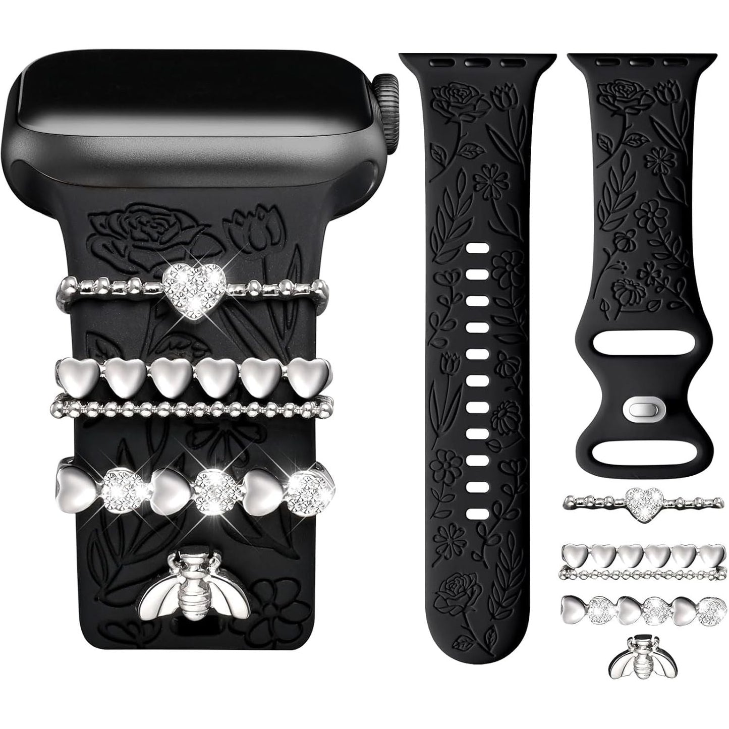 Flower Engraved Band Compatible with Apple Watch Bands 38Mm 40Mm 41Mm for Women, Soft Silicone Sport Band with Decorative Apple Watch Charms for Iwatch Series 9 8 7 6 5 4 3 2 1 SE (With Band)