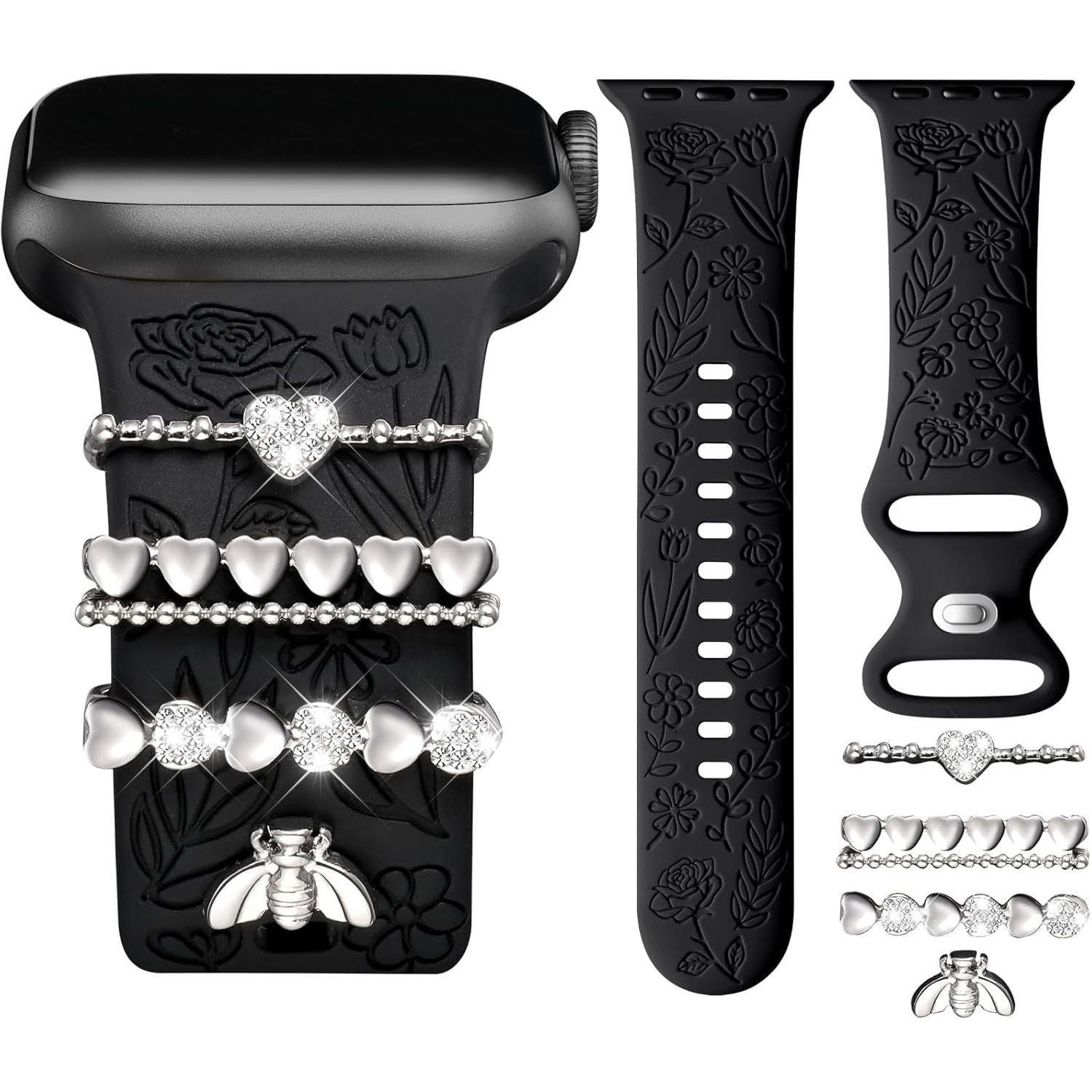 Flower Engraved Band Compatible with Apple Watch Bands 38Mm 40Mm 41Mm for Women, Soft Silicone Sport Band with Decorative Apple Watch Charms for Iwatch Series 9 8 7 6 5 4 3 2 1 SE (With Band)