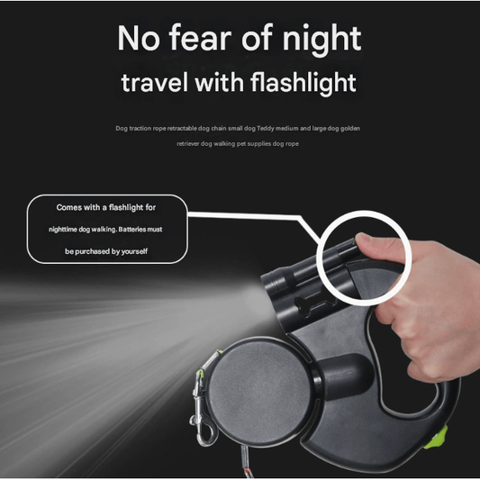 Black Replaceable Battery Dog Leash with Flashlight - Ideal for Night Walks, Suitable for Small to Large Breeds