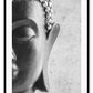 Photography print of black and white buddha half of face with textured grey background