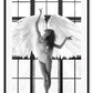 A fashion black and white wall art with the breath of the sun penetrating through big frosted window, back-liting an angel-like bellerina dancing with white feather wings and white leotards.  