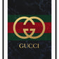 Portrait fashion print with gold gucci logo on green and red stripe with dark grey washed background
