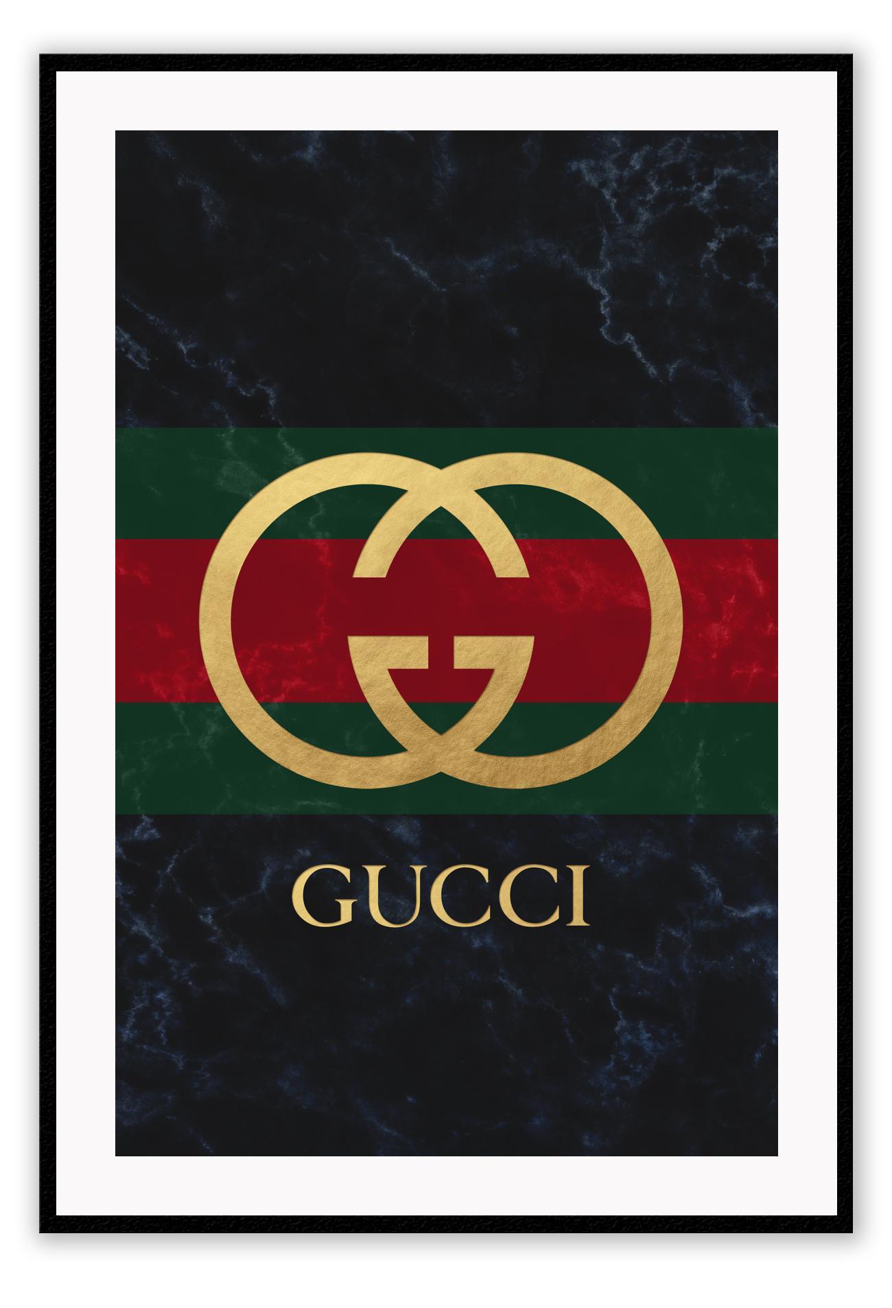 Portrait fashion print with gold gucci logo on green and red stripe with dark grey washed background