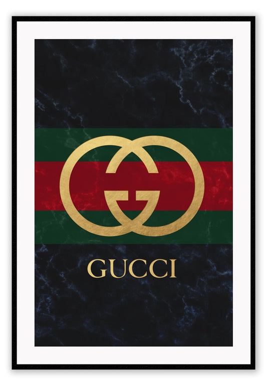 Portrait fashion print with gold gucci logo on green and red stripe with dark grey washed background