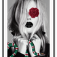 Fashion print Kate Moss model black and white with red rose over one eye holding a green and red gucci snake. 