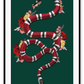 Fashion print with the red, black, green, and white Gucci snake on a green background with flowers surrounding. 