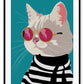 Cartoon style animated print with a white cat in a black and white striped jumper wearing pink round sunglasses on a teal background.