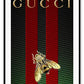 Print with Gucci logo and a bee in gold in the centre on a green and black checkered background with two vertical red stripes