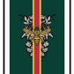 Fashion print with Gucci Bee on green background on red and gold stripe.