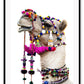 Animal camel print photography bright pink yellow red blue pom pom harness on white background