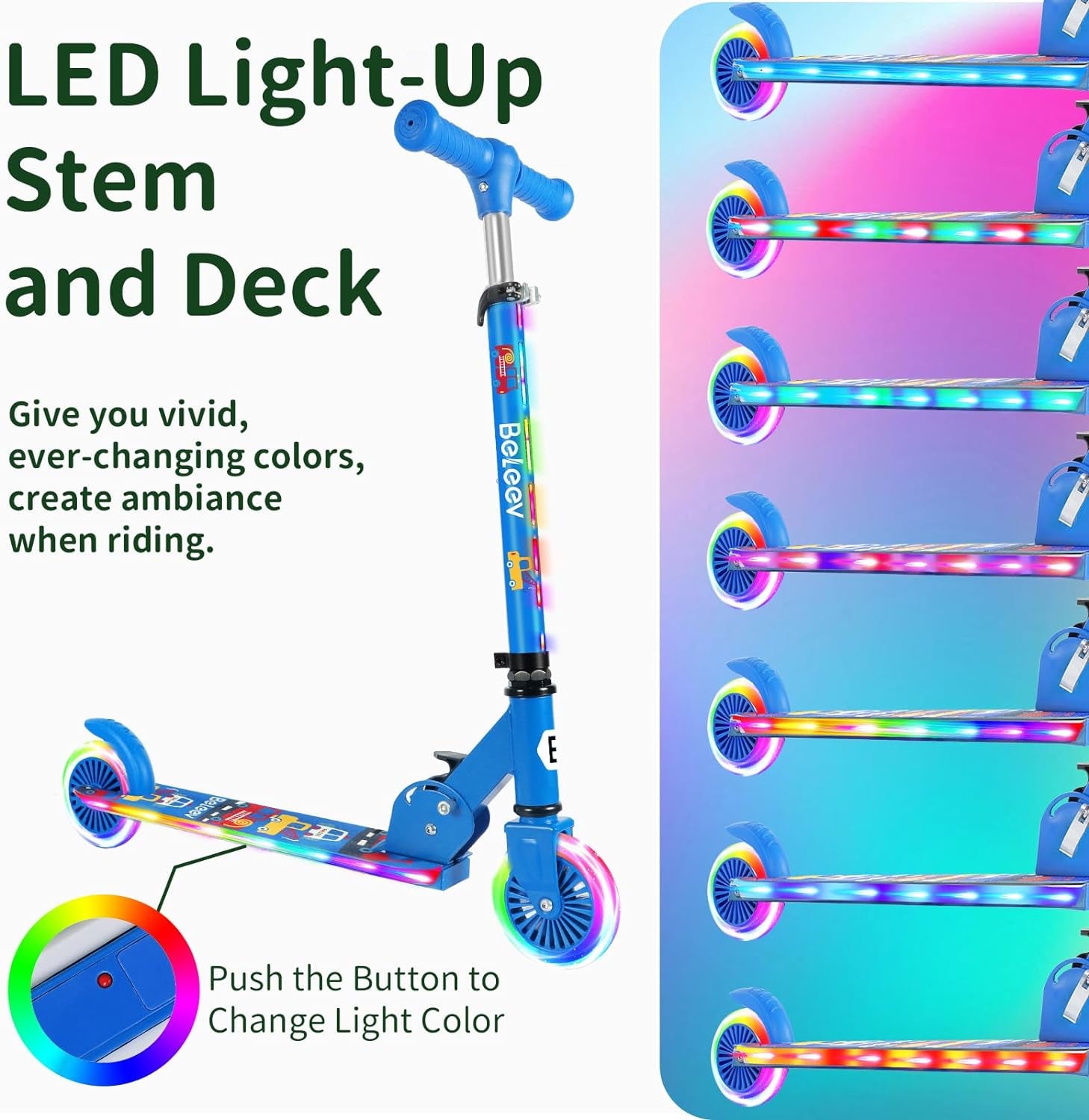 V2 Scooters for Kids with Light-Up Wheels & Stem & Deck, 2 Wheel Folding Scooter for Girls Boys Ages 3-12, 3 Adjustable Height, Non-Slip Pattern Deck, Kick Scooter for Children