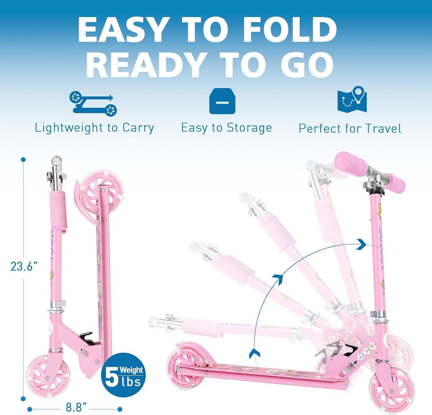 V1 Scooters for Kids, 2 Wheel Folding Kick Scooter for Girls Boys, 3 Adjustable Height, Light up Wheels, Lightweight Scooter with Sturdy Frame, Kickstand for Children 3 to 12 Years Old