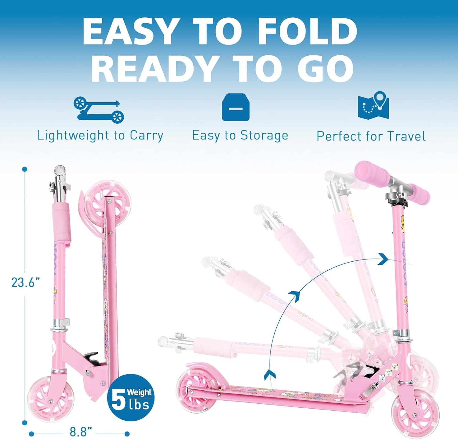 V1 Scooters for Kids, 2 Wheel Folding Kick Scooter for Girls Boys, 3 Adjustable Height, Light up Wheels, Lightweight Scooter with Sturdy Frame, Kickstand for Children 3 to 12 Years Old