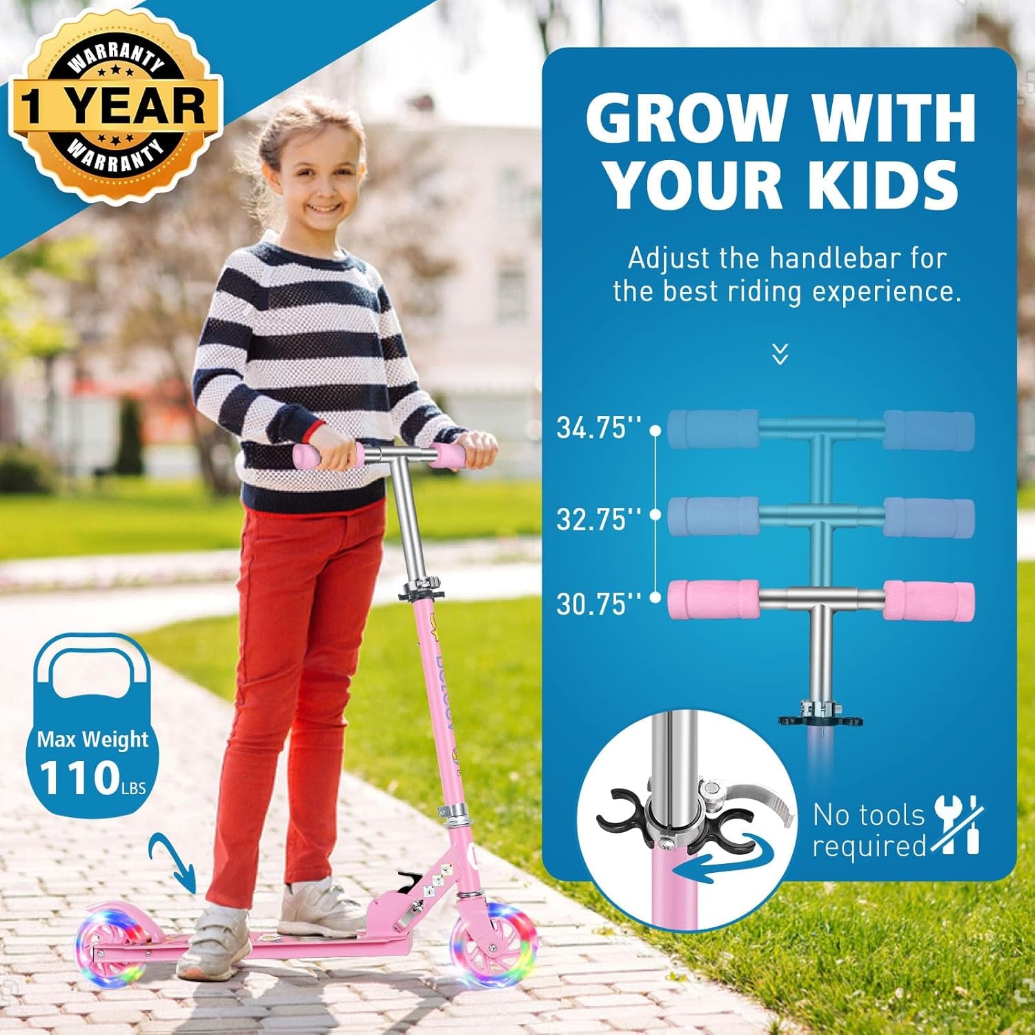 V1 Scooters for Kids, 2 Wheel Folding Kick Scooter for Girls Boys, 3 Adjustable Height, Light up Wheels, Lightweight Scooter with Sturdy Frame, Kickstand for Children 3 to 12 Years Old