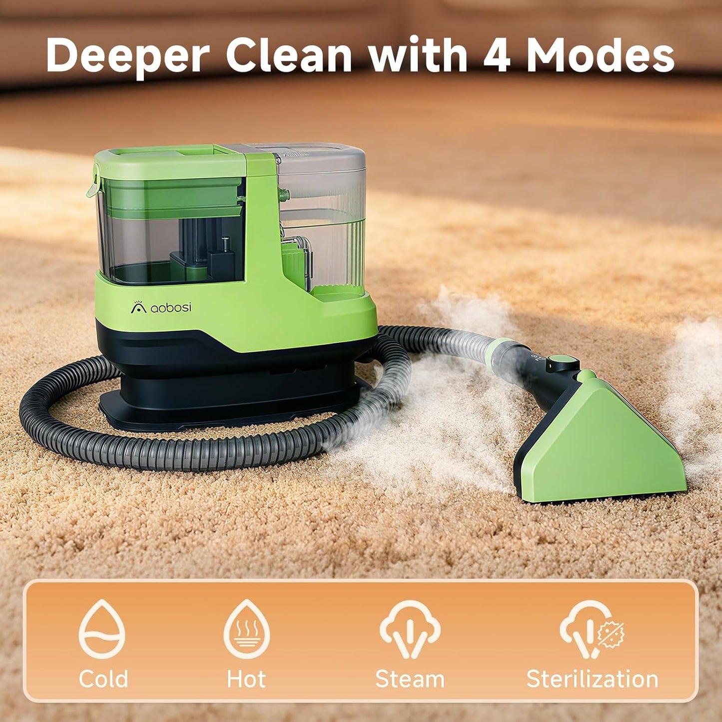 1800W Carpet and Upholstery Cleaner, Stain and Spot Remover with 17Kpa Suction, Self-Cleaning Function, 4 Cleaning Tools, Deep Cleaning for Pet Messes, Carpets, Rugs, Couch & Car, Green