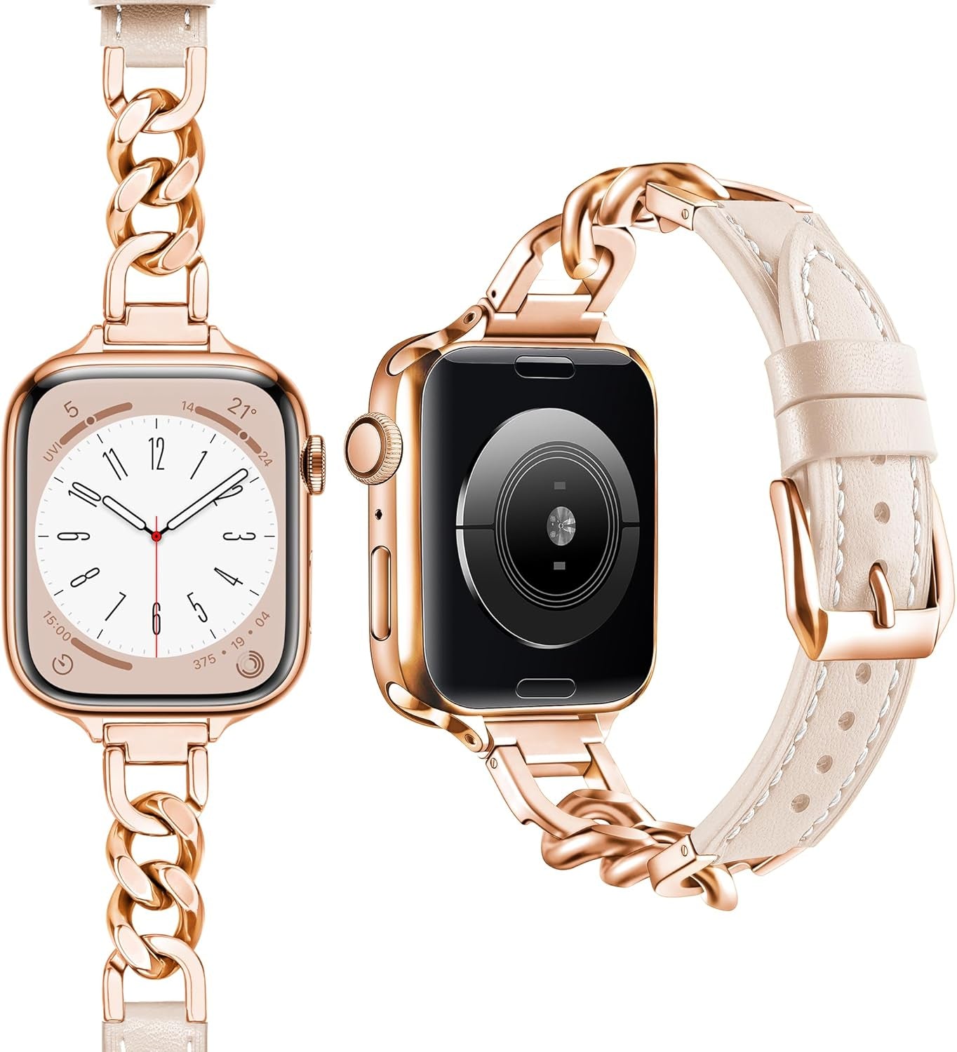 Leather Band Fits Apple Watch Bands Woman 42Mm(Series 10) 41Mm 40Mm 38Mm, Slim Stainless Steel Iwatch Bands for Apple Watch Strap, for Apple Watch Series 10 Band Se 9 8 7 6 5 4 3 2 1-Rose Gold