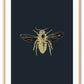 A natural wall art with brass bee on navy blue background that mimics an insect sample