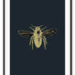 A natural wall art with brass bee on navy blue background that mimics an insect sample
