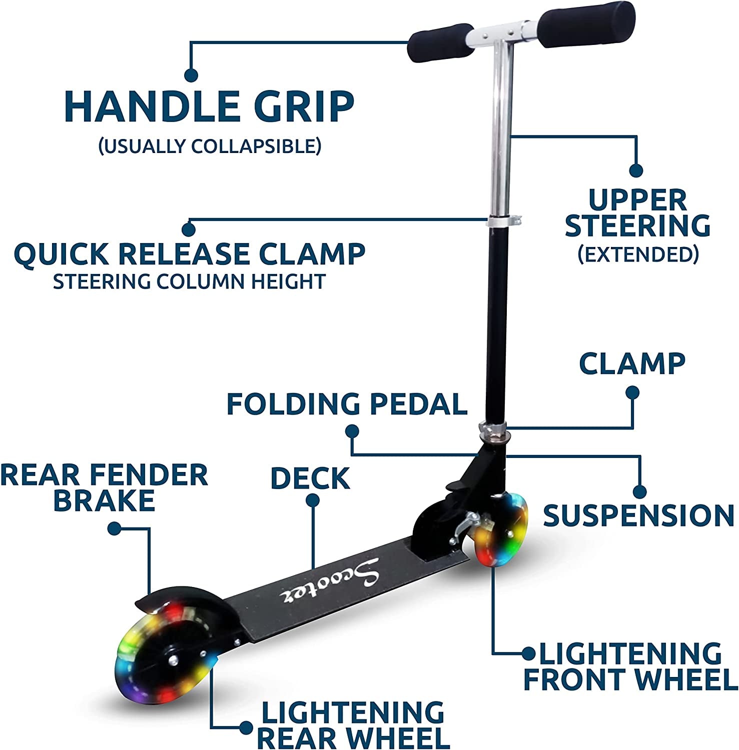 Foldable Kick Scooter for Kids - LED Lights Aluminum Frame & Handlebars Sport Scooter for Toddler Adults Teens Boys & Girls, Detachable and Portable Black Kids' Scooter with Adjustable Height