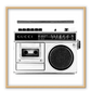 A vintage fashion wall art with Gucci fashion label on 80s 90s vintage recorder in black and white. 