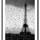 An urban wall art with a window view of raining Paris Eiffel Tower