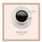 A pink or black and white fashion wall art with a coffee cup and Gucci fashion label in Gucci Caf≈Ω