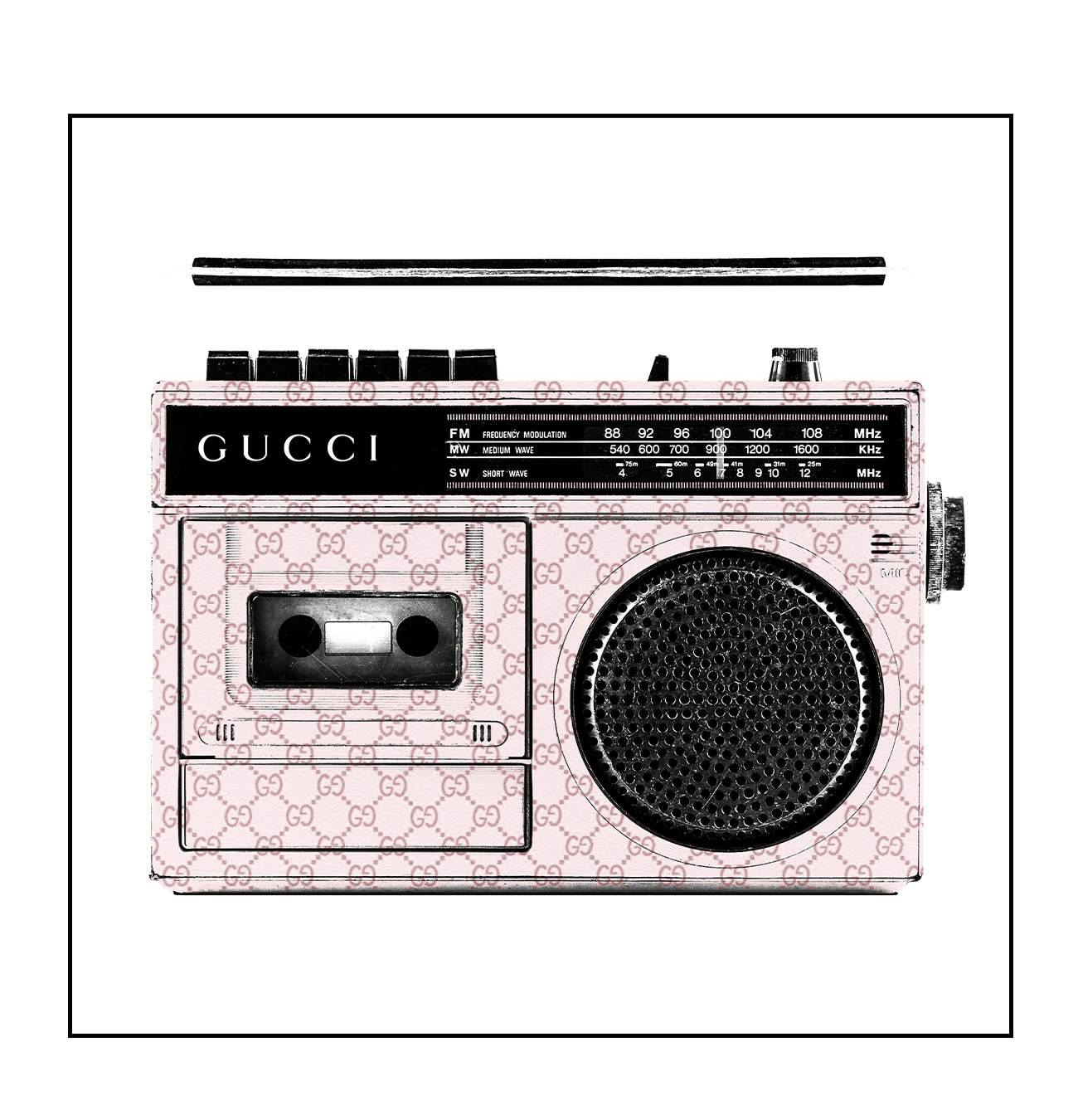 Fashion print with Gucci branded boombox and monogramming in pink with a white background. 