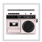 Fashion print with Gucci branded boombox and monogramming in pink with a white background. 