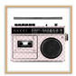 Fashion print with Gucci branded boombox and monogramming in pink with a white background. 