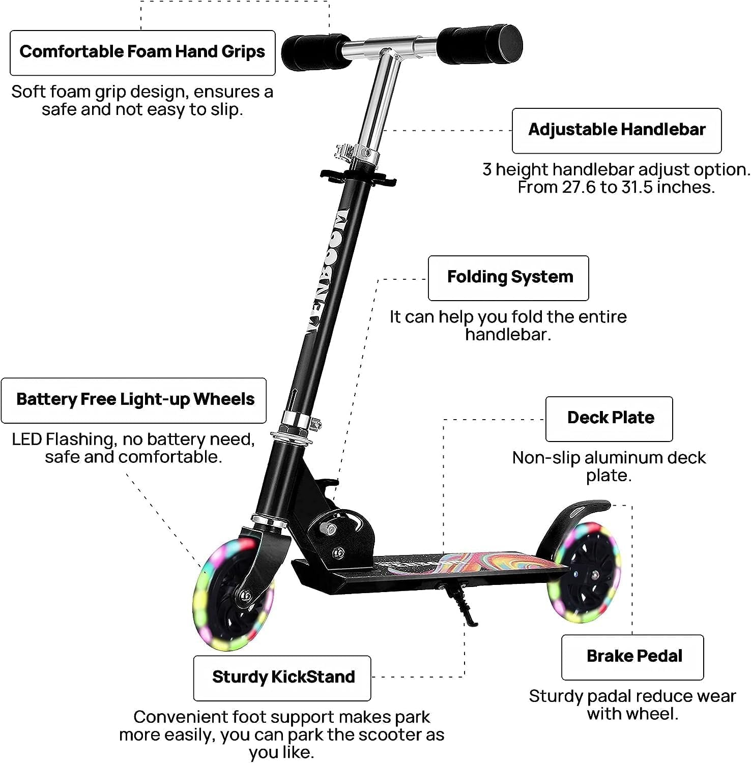 Kids Folding Kick Scooter, 2 Wheel Folding Kick Scooter for Girls Boys, 3 Adjustable Height, Light up Wheels, Scooter with Sturdy Frame, Christmas Birthday Girls Boys, Easy Folding Kids Scooter