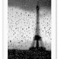 An urban wall art with a window view of raining Paris Eiffel Tower